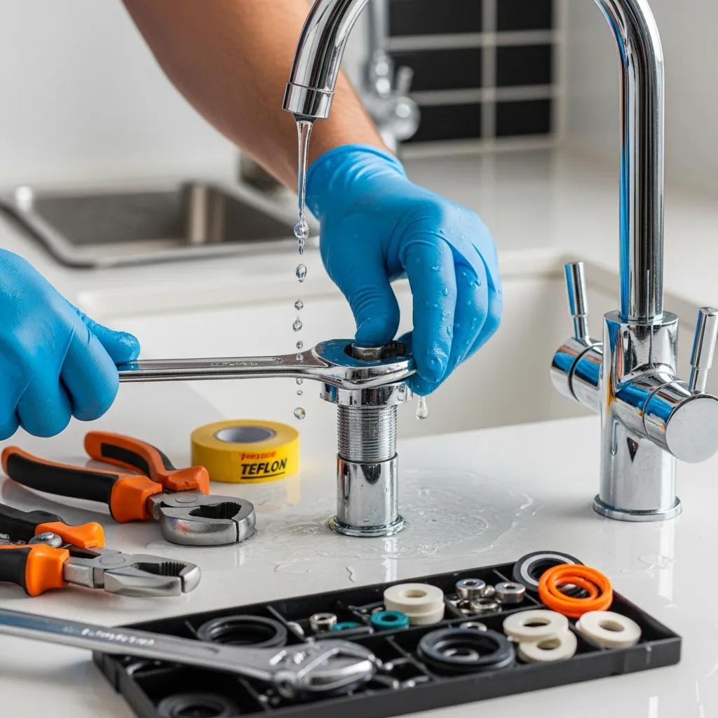 Plumber repairing a leaky faucet, focusing on tools and parts in a modern kitchen