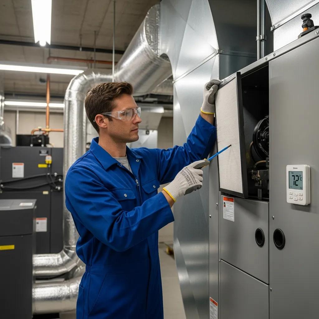 Technician inspecting HVAC unit, focusing on filters and thermostat for troubleshooting
