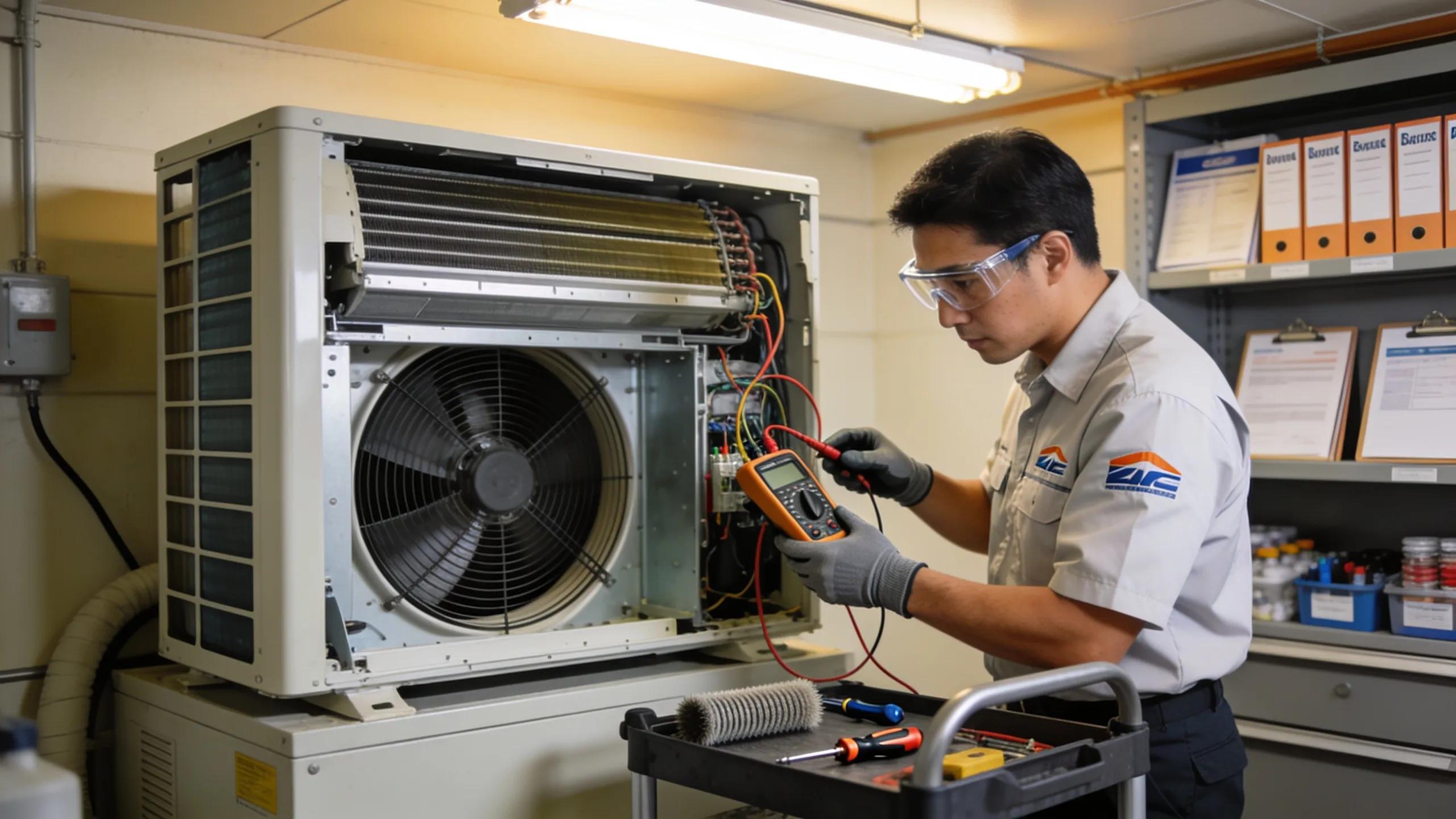 Essential HVAC Maintenance Tips Every Homeowner Should Know 2 HVAC technician conducting a regular inspection of an air conditioning unit, highlighting the importance of preventive maintenance
